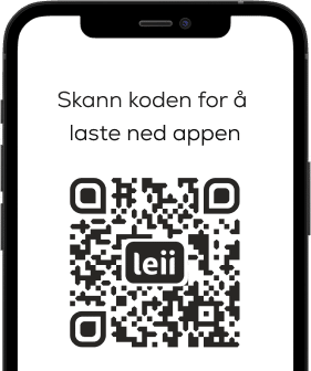 Bilde av telefon med QR-kode for å laste ned Leii-appen. 